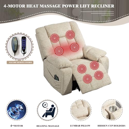 Light Grey Recliner Chair for Elderly | Tall and Big Man 400lbs | Chenille | Power Lift, Lay Flat, Stand Up, Wireless Charging Device, Extended Footrest, Massage Heat, Cup Holder, Lumbar Pillow
