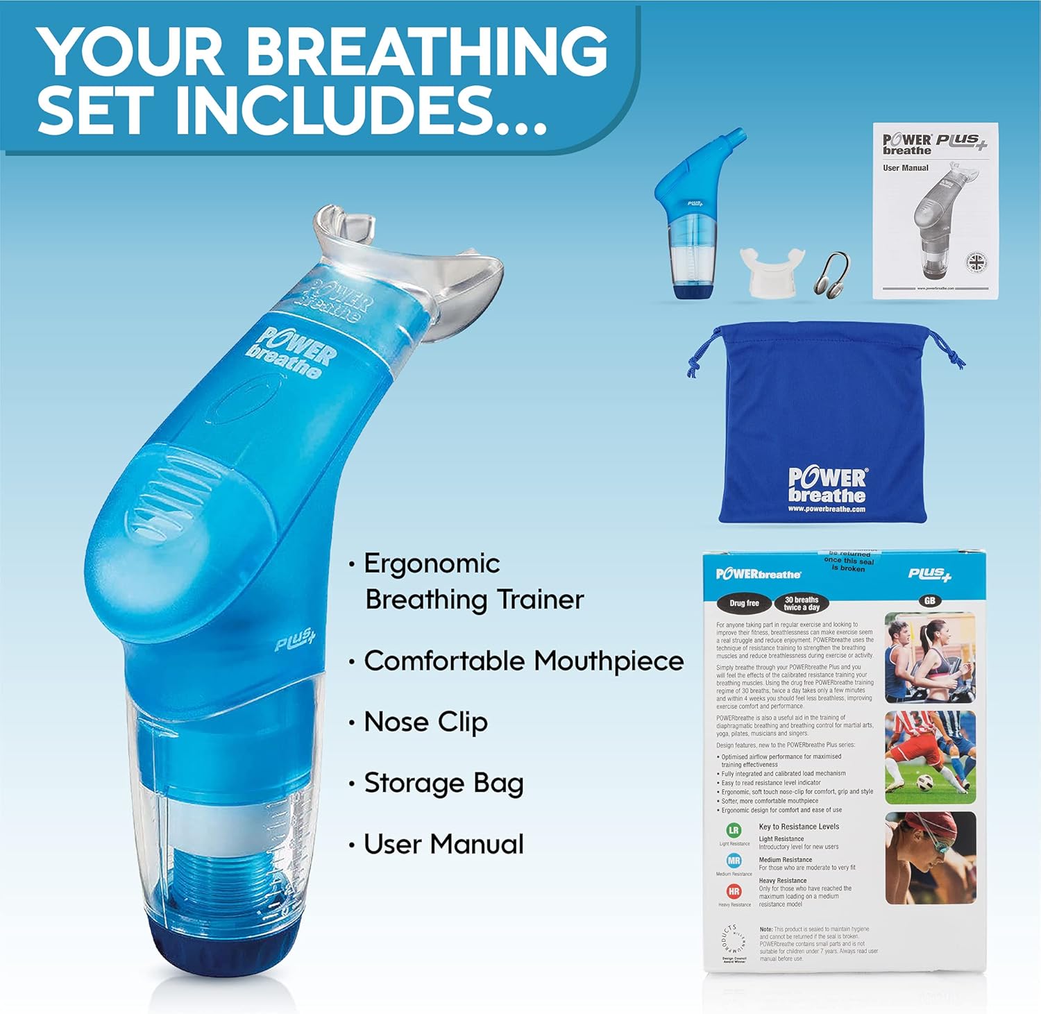POWERbreathe - Breathing Exercise Device for Lungs, Breathing Trainer and Therapy Tool to Strengthen Breathing Muscles and Help Lung Capacity, Inspiratory Muscle Trainer - Blue, Medium Resistance