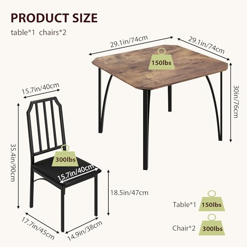 GAOMON Dining Table Set for 2, Kitchen Table and Chairs with Chamfer Design, 3 Piece Dining Room Set with Cushion Seats for Small Spaces, Home Kitchen, Apartment - Rustic Brown