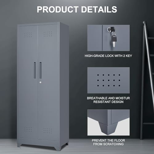 65"H Broom Closet Storage Cabinet, Utility Closet for Brooms and Mops, Cleaning Metal Storage Cabinet with Pegboard and Hanging Rod, Metal Cabinet with Doors and Adjustable Shelves，Garage，Grey-White