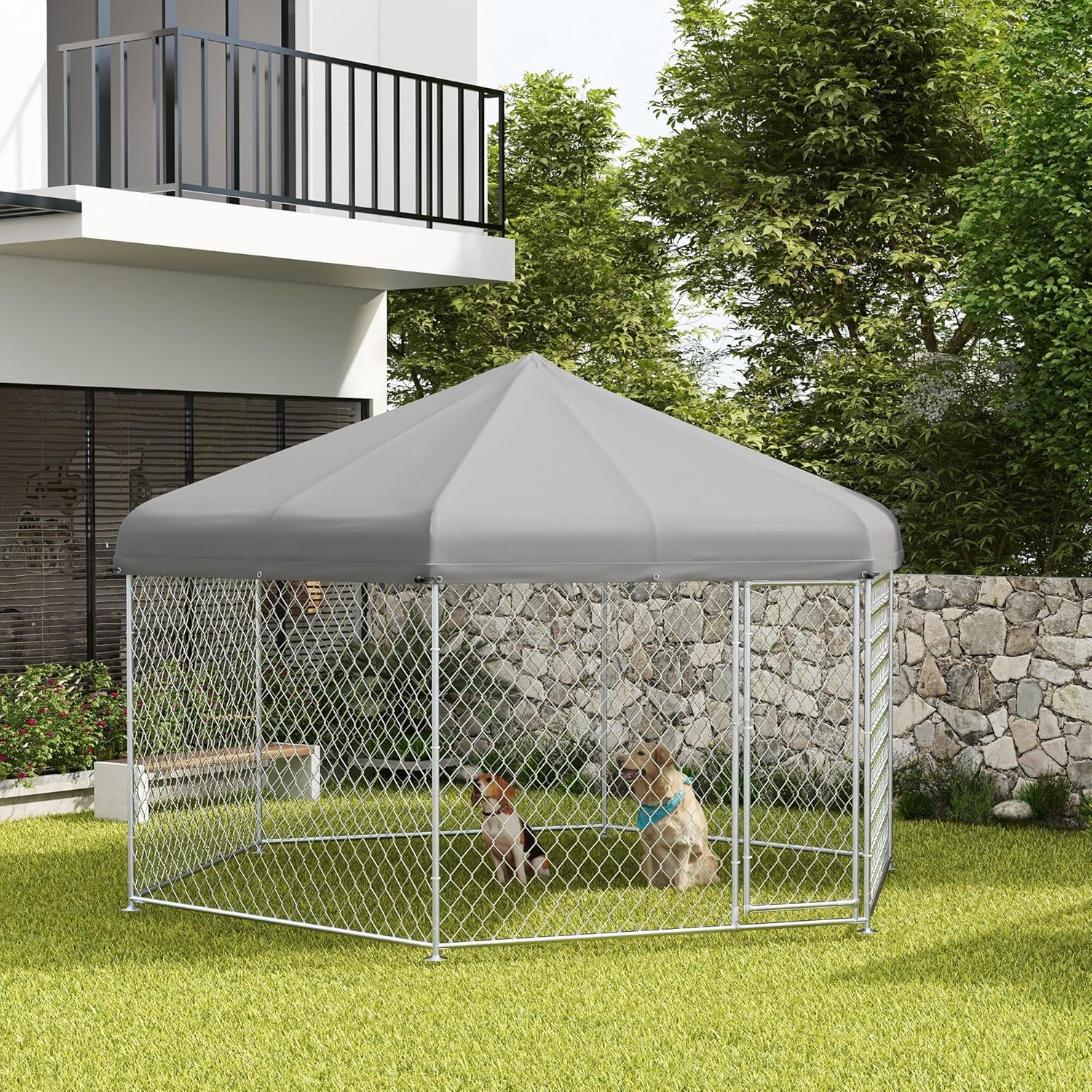 PawHut 13.4' x 11.5' x 8.8' Dog Kennel Outdoor Dog Run with Waterproof, UV Resistant Roof, Lockable Door, for Medium and Large-Sized Dogs, Silver
