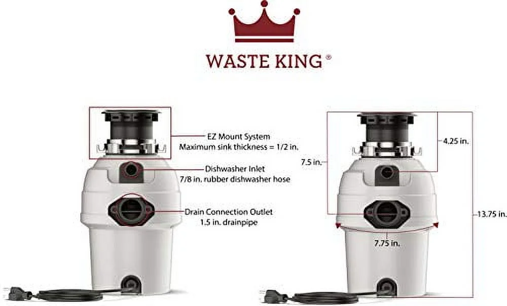 Waste King 3/4 HP Garbage Disposal with Power Cord, Food Waste Disposer for Kitchen Sink, L-3200
