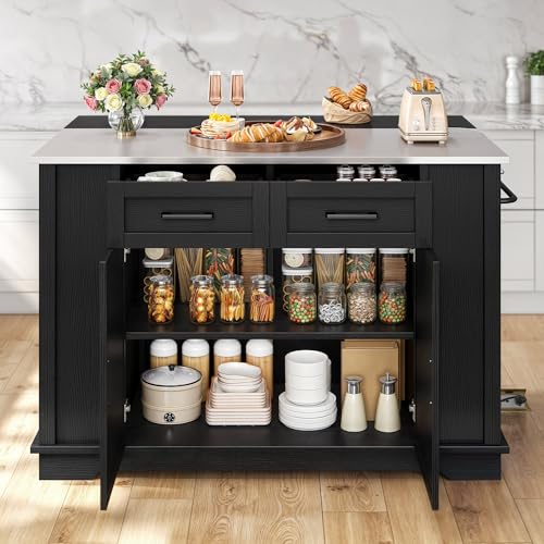 YITAHOME Kitchen Island with Stainless Steel Top & Drop Leaf, 47 Inch Kitchen Island on Wheels with Power Outlet, Rolling Portable Mobile Kitchen Cart w Storage Drawer Cabinet Counter Metal Top, White