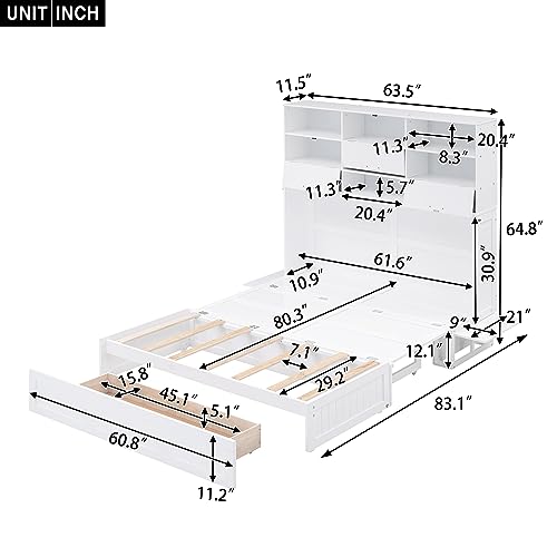 Murphy Bed Queen Size Cabinet BedFrame with Bookcase, Bedside Shelves and a Big Drawer for Bedroom and Guestroom,Office,White