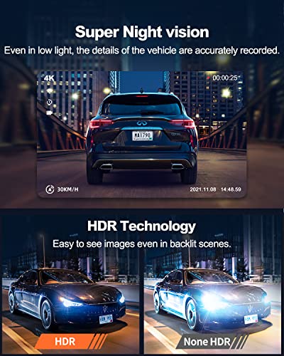 Dual Dash Cam 5G WiFi GPS, Real 4K+HDR 1080P Dash Cam Front and Rear, 3.3" Eye-Care Screen, Super HDR Night Vision, Parking Mode, Dash Camera for Cars with App, G-Sensor, Support 512GB Max