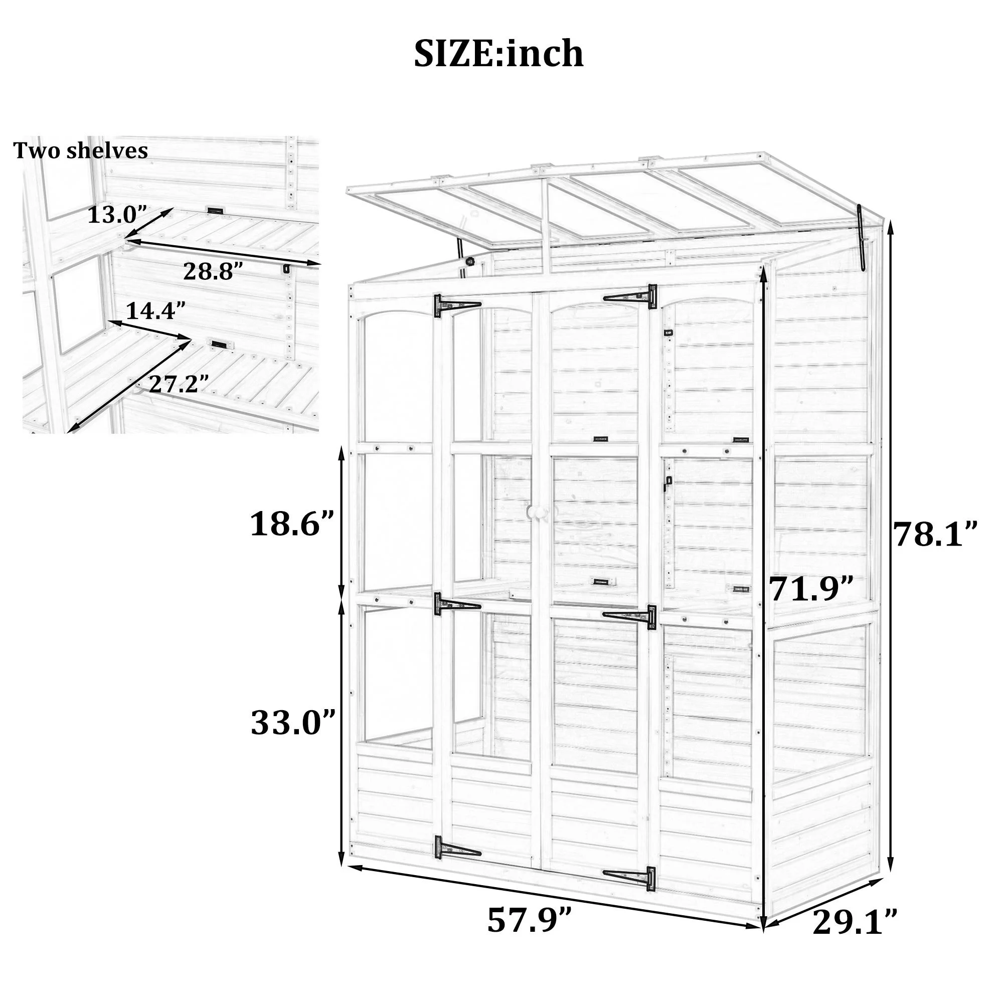 57.9"W x 29.1"D x 78.1"H Large Greenhouses for Outdoors Indoor, Wood Frame Polycarbonate Garden Greenhouse with Folding Shelves and Windows, White