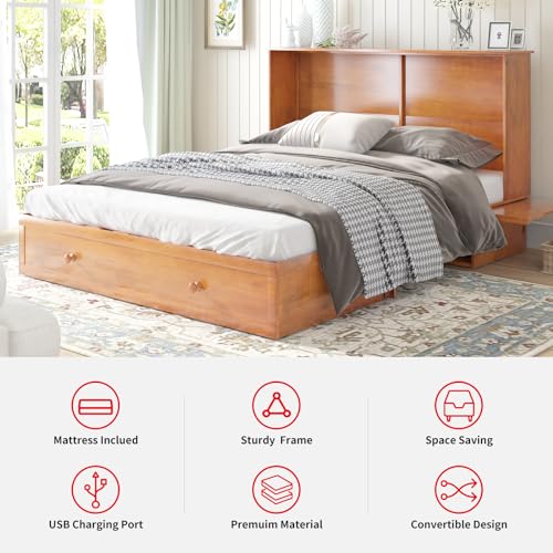 MUZZ Queen Size Murphy Bed with Charging Station, Convertible Cube Cabinet Murphy Bed with Folding Foam Mattress, Foldable Space-Saving Murphy Bed for Guest Room, Home, Office (Cherry)