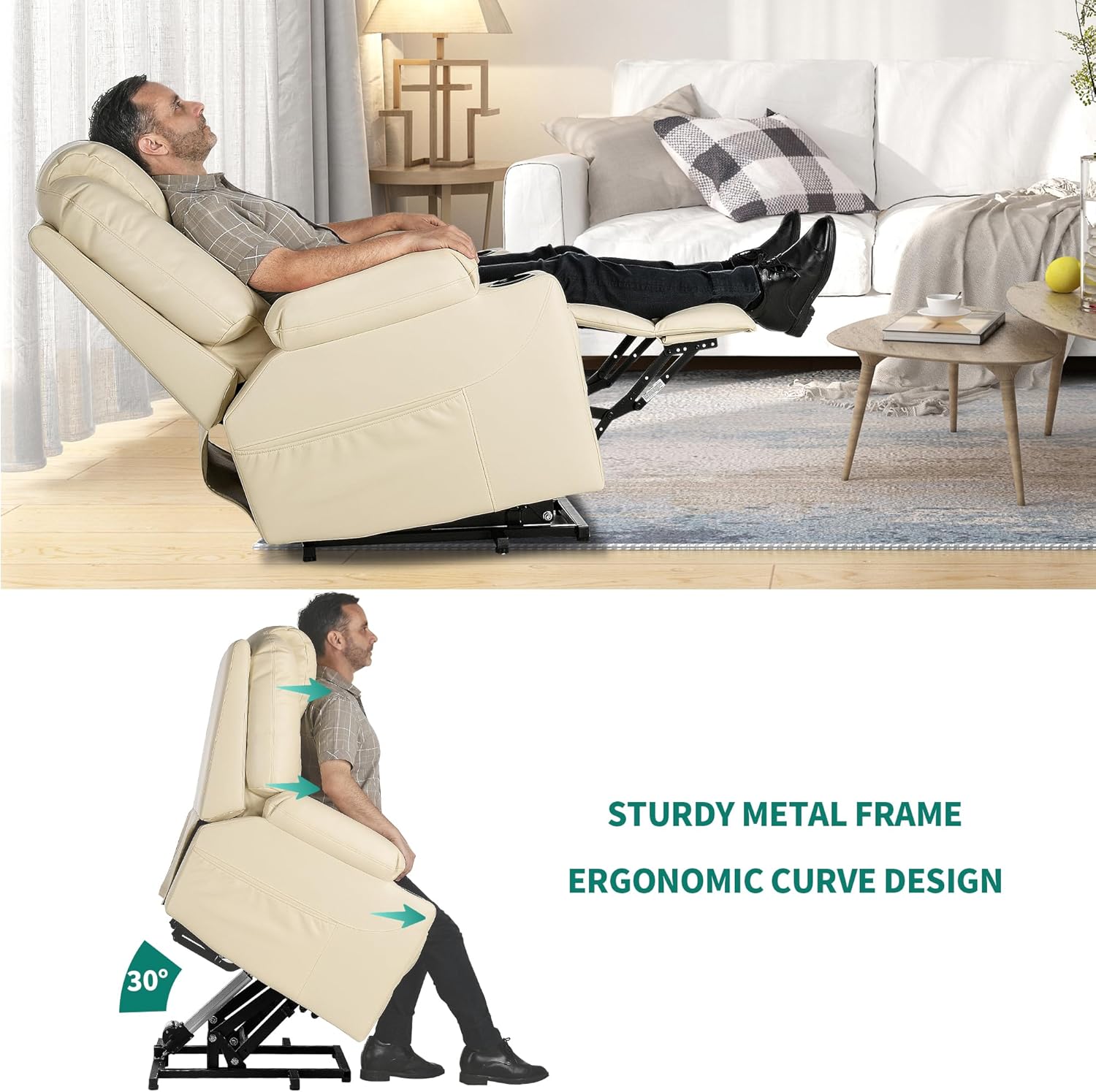 YITAHOME PU Power Lift Recliner Chair with Massgae and Heat for Elderly, Lift Chair with Remote Control for Living Room, with 2 Cup Holders Side Pockets, Off White3