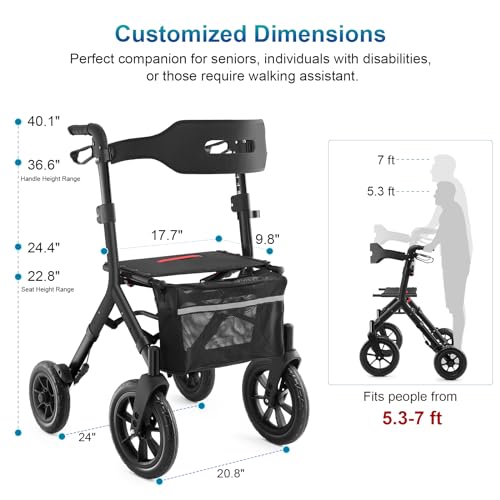Rollator Walker with Seat, Tall Walkers for Seniors, 12" Big Rubber Wheels All Terrain Rollator Walker with Backrest, Built-in Cable, Foldable and Dual Adjustable Height for 5.3-7ft, Red