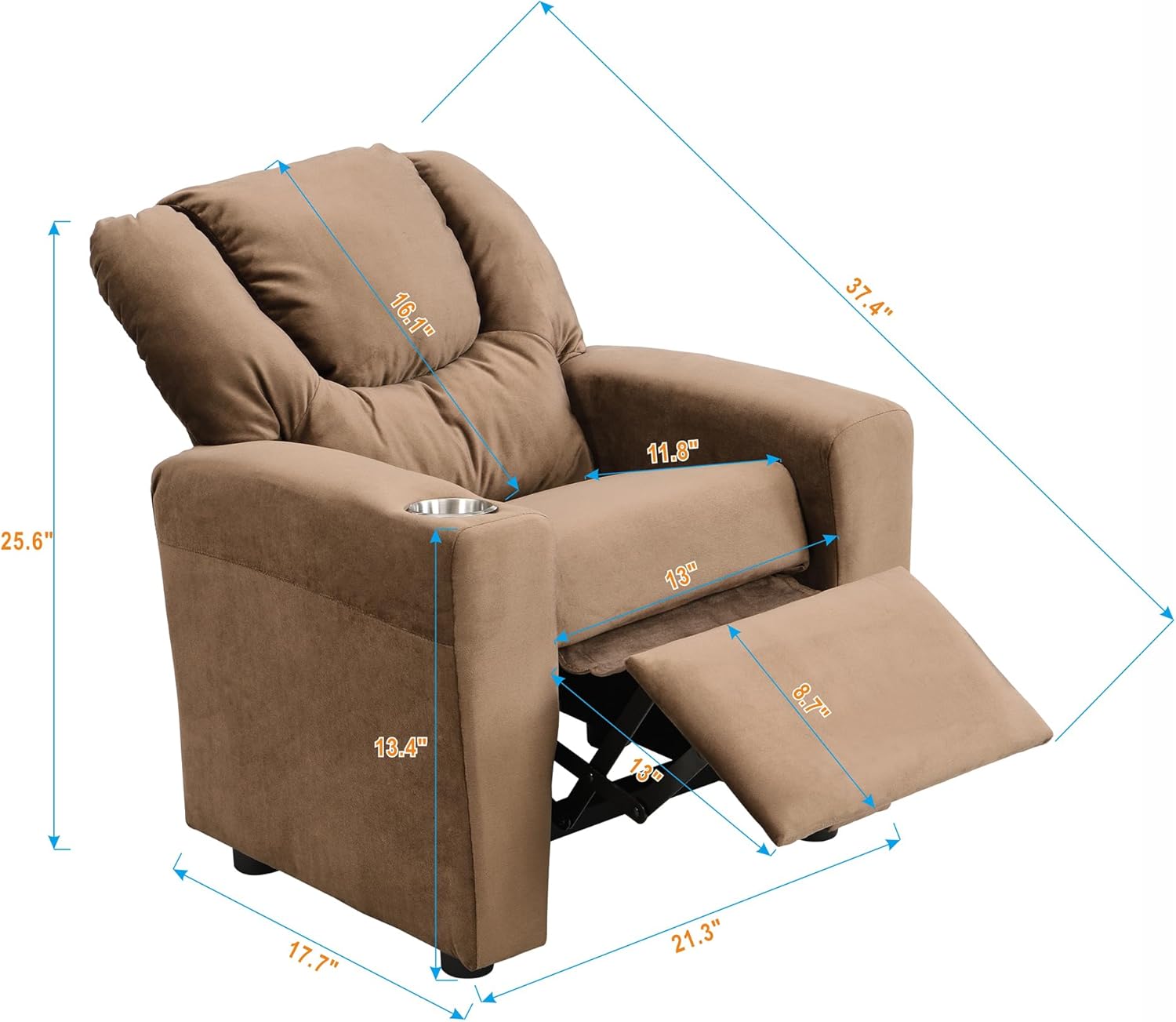 Kids Recliner Chair, Kids Upholstered Couch with One Cup Holder, Footrest, Backrest, Toddlers Velvet Recliner with Headrest and Footrest W214101804