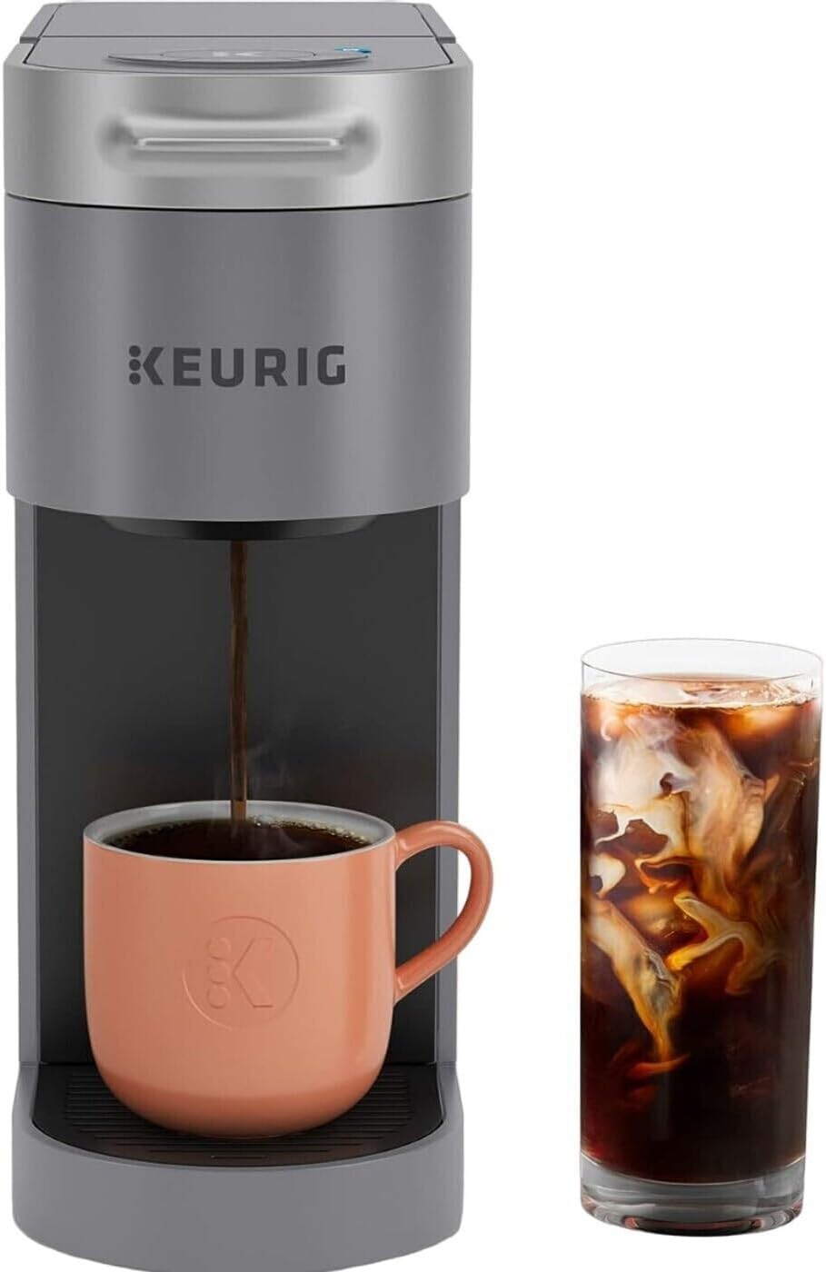 Keurig K-Slim Plus ICED Single Serve Brew Over Ice Multiple-Cup Water Reservoir Coffee Maker (Gray) Bundle with 12-Count Donut Shop Medium Roast Single Serve K-Cup and Cleaning Cups (3 Items)