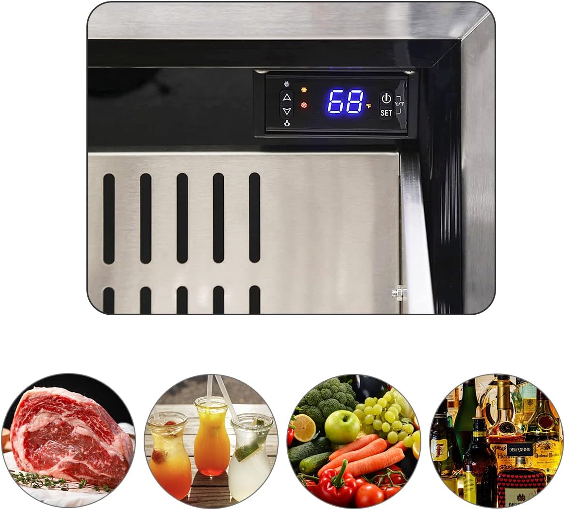 24 Inch Under Counter Refrigerator, Stainless Steel Built-in Freestanding Double Drawers Fridge, Beverage Fridge Refrigerator, Digital Display Weatherproof for Outdoor Commercial Home Use