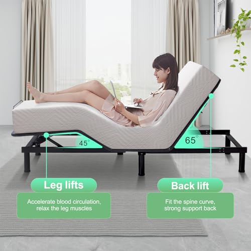 MUUEGM Adjustable Bed Base Queen,Motorized Head and Foot Incline,Upholstered Bed Frame,Wireless Remote Control,Anti-Snore,USB Ports,Memory Pre-Sets,Zero Gravity,3 Modes Massage,LED Under-Bed