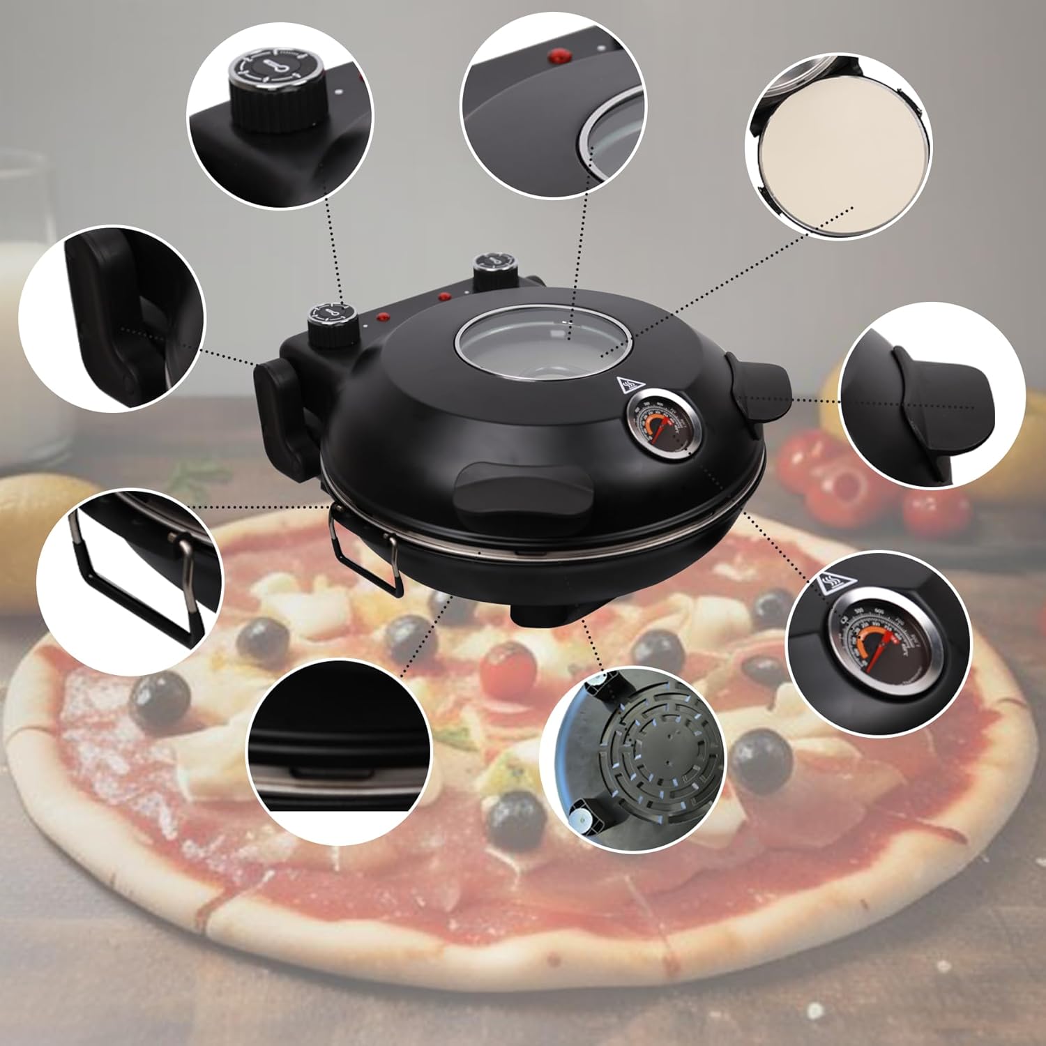 Electric Pizza Oven Indoor 12 Inch Countertop Pizza Oven Electric Pizza Oven Indoor Portable Pizza Cooker with Viewing Window, Timers, Check Pizza Cooking At Any Time, BLACK