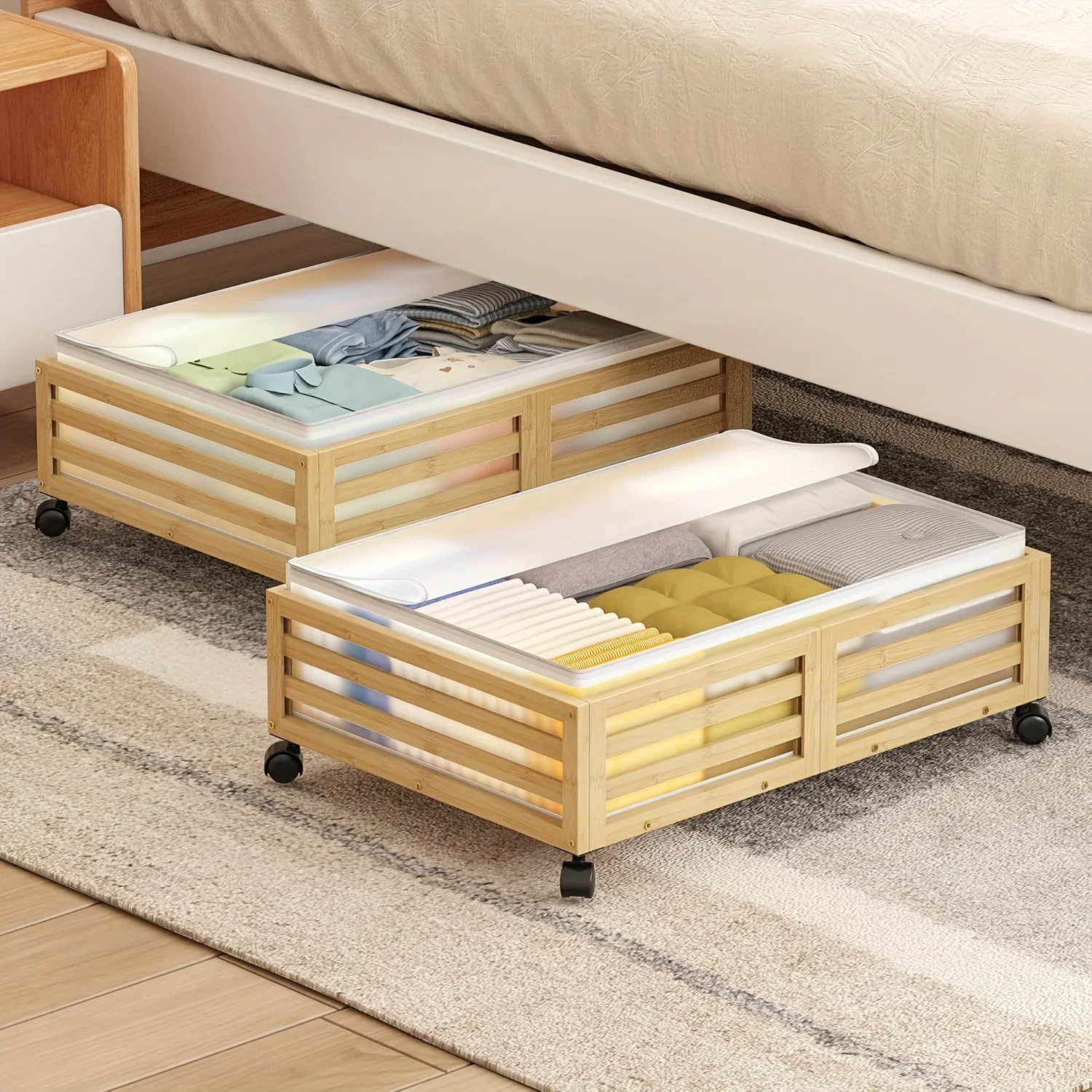 2-Pack Bamboo Under-Bed Storage Bins with Wheels, Large Capacity Rolling Organizers for Clothes &amp; Shoes, Natural Finish Space-Saving Design, No Assembly Required