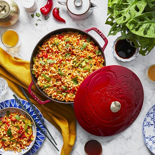 STAUB Specialty Shaped Dutch Cast Iron 3.75-qt Essential French Oven Dragon Lid-Cherry