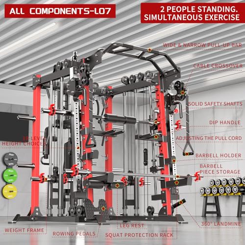 L05/07 Smith Machine，Multi-Function Squat Rack Power Cage with Cable Crossover System,with Weight Bench, Olympic Barbell Weight Set, for Home Gym