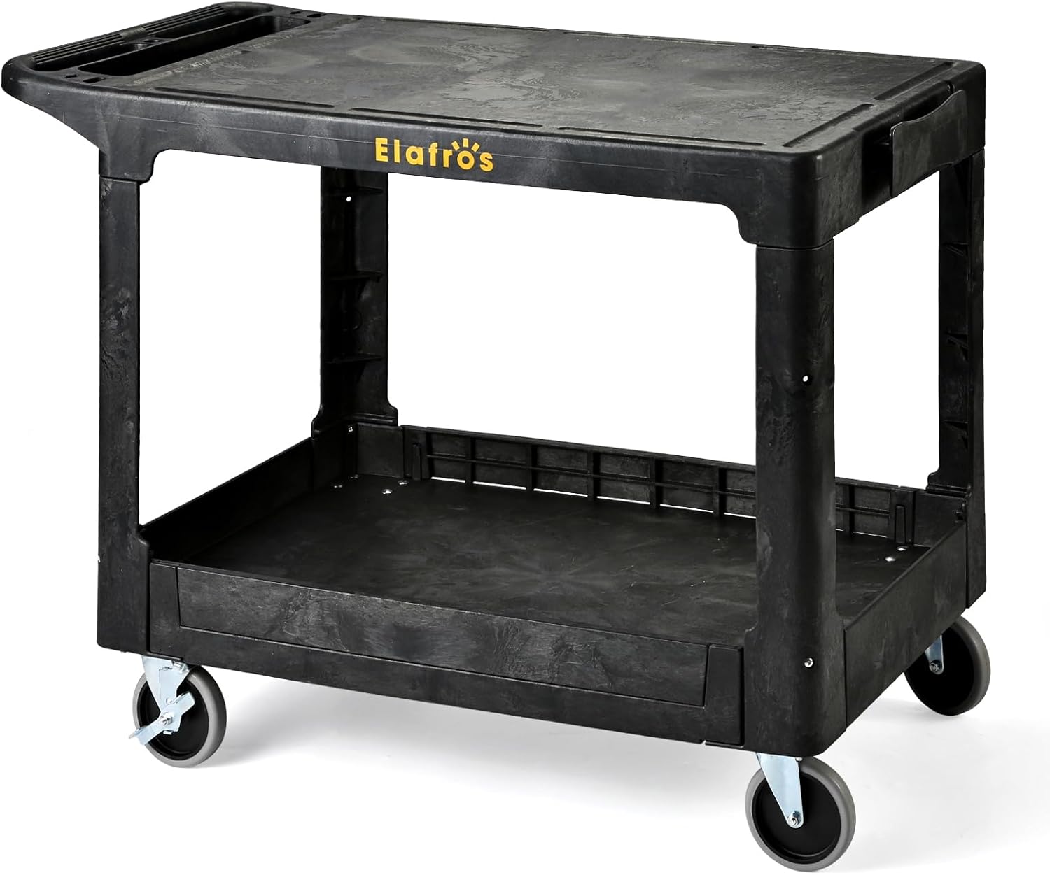 large Heavy Duty Plastic Utility Cart Flat top 42.5 x 25 Inch - Work Cart Flat Shelves and Full Swivel Wheels Holds up to 550 lbs - 2 Tier Service Cart for Warehouse,Garage, Cleaning Black