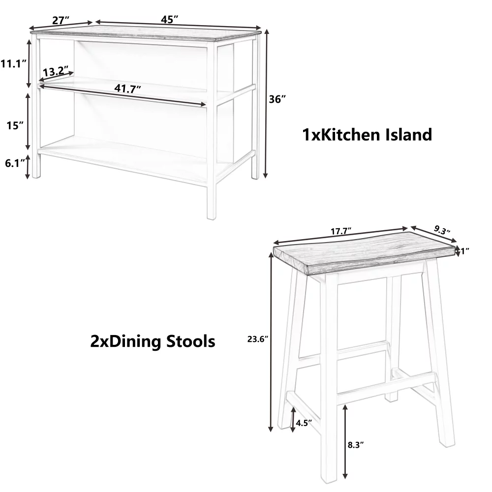Rustic Stationary Kitchen Island Set with 2 Stools, Solid Wood Rubber Butcher Block Dining Prep Table Open Shelves for Small Places, Walnut+Cream White