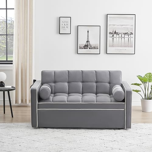 Sleeper Sofa Couch w/Pull Out Bed, 55" Modern Velvet Convertible Sleeper Sofa Bed, Small Love seat Sofa Bed w/Phone Holder & Pillows & Side Pockets for Small Space, Living Room, Apartment,Gray