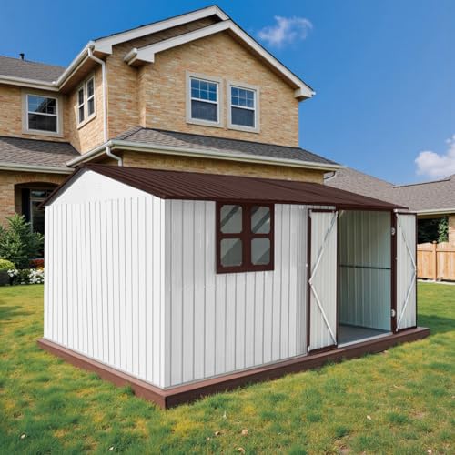 10' x 8' Large Outdoor Storage Shed, Sturdy Metal Building w/Windows & Lockable Doors for Garden, Backyard, Poolside and Lawn, Grey