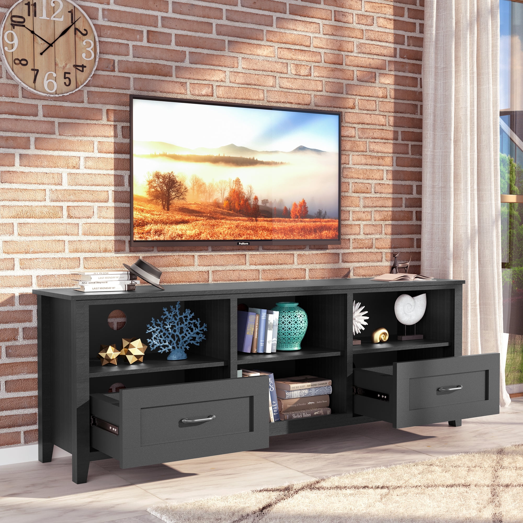 SYNGAR Industrial TV Stand for TV up to 70 inches, Wood TV Console Table Stand with 2 Storage Drawers and 4 Open Compartments, Home Living Room Entertainment Center, Black, 70"L x 15"W x 25"H