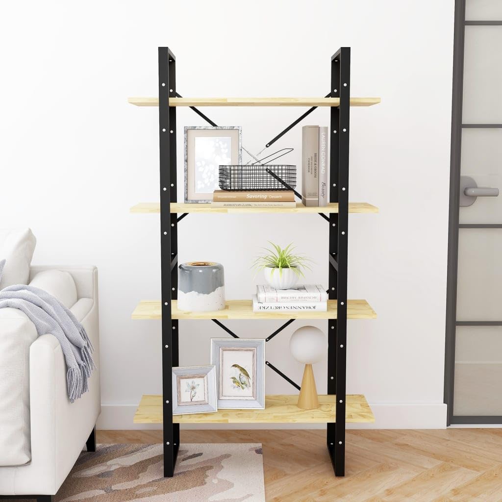 vidaXL Solid Pine Wood Bookshelf - Industrial Scandinavian Style Bookcase with 4-Tiers, Untreated Brown Natural Finish, 31.5"x11.8"x55.1"