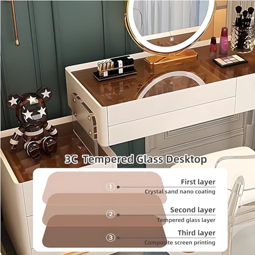 Acrylic Makeup Vanity - Solid Wood Vanity Desk with Smart LED Lights Mirror & Acrylic Chair, Luxury Bedroom Vanity Table Include 6 Drawers and Tempered Glass Desktop (White,31.5'')