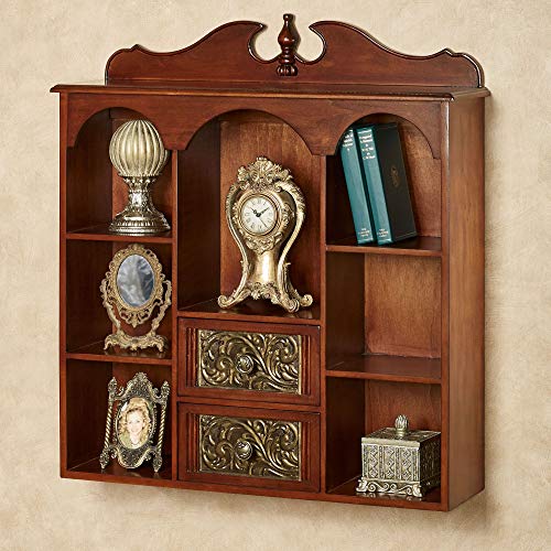 Sarantino Wall Wooden Curio Cabinet Natural Cherry - Traditional Style - Handcrafted Wood - Seven Shelves, Two Drawers - Ornate Medallion Designs - Decorative Display - Mounted - 14" Wx14 Dx30.5 H
