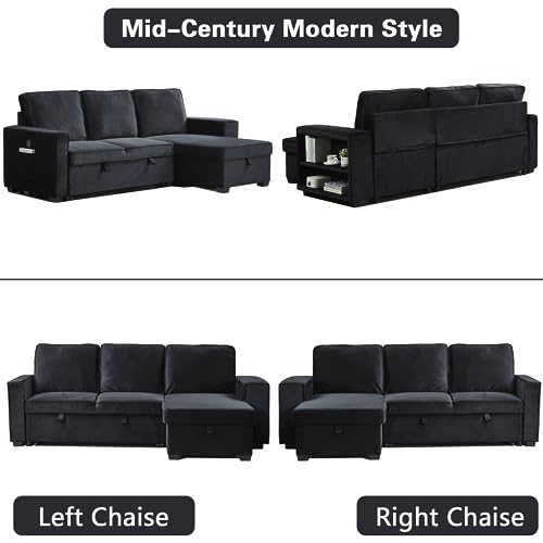 Modern L-Shaped Sectional Sofa, Velvet Sofabed with USB & Storage Chaise, Brown