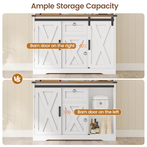 Kitchen Pantry Cabinet, Farmhouse Kitchen Cabinet with Drawer, Sliding Barn Doors Storage Cabinets with Adjustable Shelves for Dining Room, White