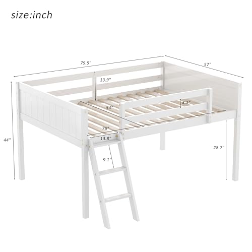 Full Size Wood Low Loft Bed with Convertible Ladder, Solid Wood Bed Frame with Safety Guardrail, 350 lbs Weight Capacity, No Box Spring Required, for Girl Boy Kid Bedroom (Gray-072)