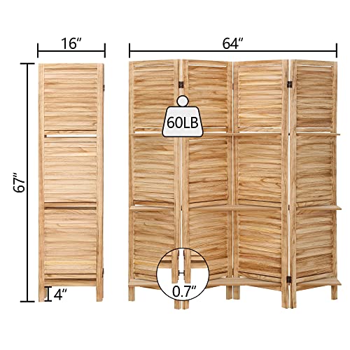 Babion 4 Panel Room Divider with Shelves, Wooden Room Divider Wall, 4 Panel Folding Privacy Screens, Freestanding Room Partition for Office Kitchen Bedroom Balcony (Deep Brown)