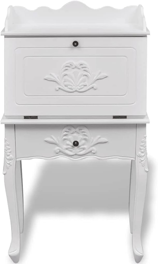 vidaXL Wooden Secretary Desk Vintage Storage French Style White Carved Writing