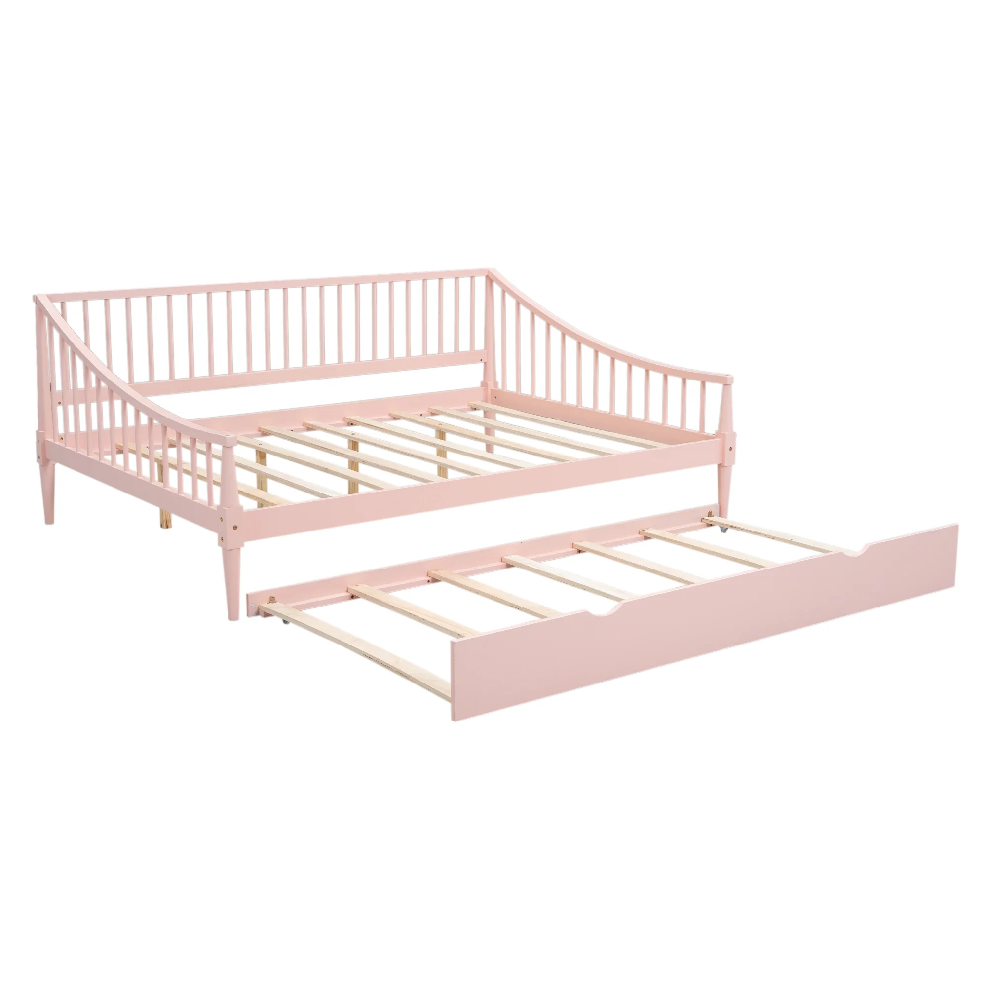 EUROCO Wood Full Size Daybed with Twin Trundle Bed for Kids Teens Adults, Solid Wood Bed Frame with Support Legs, Pink