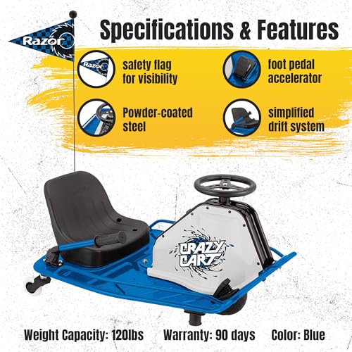Razor Crazy Cart – 12 MPH (19 KMH) Ultimate Drifting Machine with 40 Min Ride Time, High-Torque Motor and Pro-Style Drift Bar for Extreme Fun, Blue