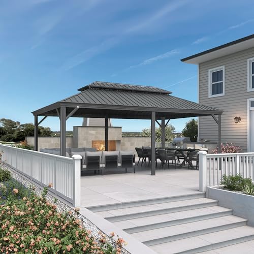 PURPLE LEAF 10' X 14' Permanent Hardtop Gazebo Aluminum Gazebo with Galvanized Steel Double Roof for Patio Lawn and Garden, Curtains and Netting Included, Grey