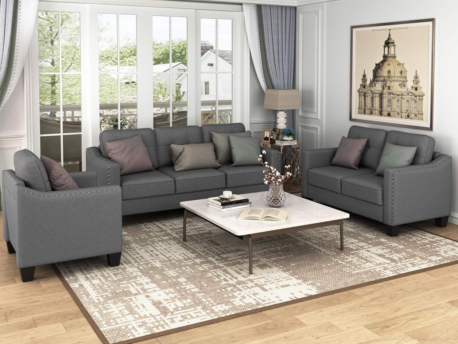 FANYE 3 Pieces Living Room Furniture Sets Include, Loveseat and Armchair, Linen Fabric Upholstered Sectional Classical Rivets Decor and Tufted Back Cushions, Retro Gray Sofa & Couch, 77.2"