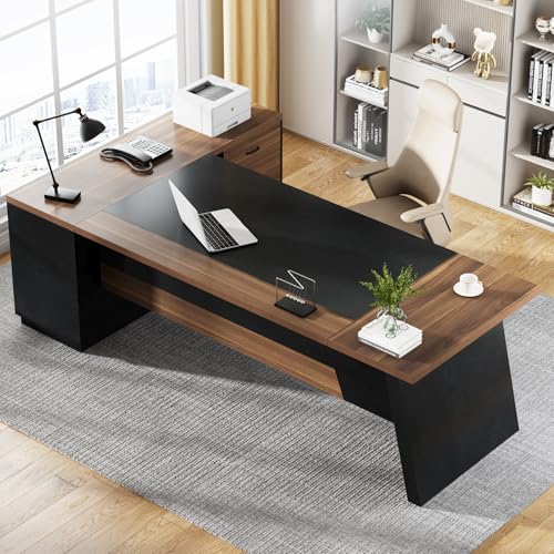 Tribesigns L-Shaped Executive Desk, 78" Modern Office Desk with Drawers and Lateral File Cabinet, Large Computer Desk with Storage Shelves, Workstation for Home Office (Walnut + Black)