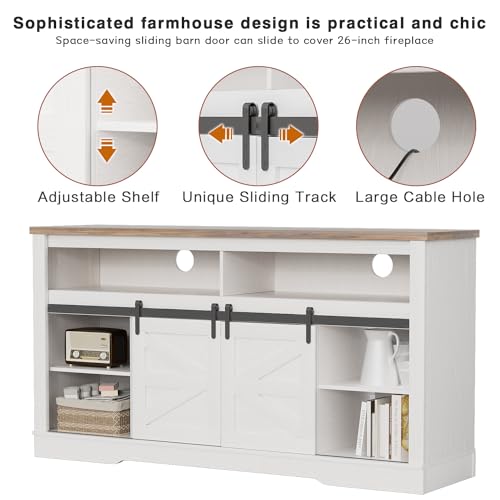 YESHOMY Farmhouse TV Stand for Televisions up to 65 Inches, Sliding Barn Doors and Storage Cabinets, Console Table and Media Furniture for Living Room, 58 Inch, Milk White