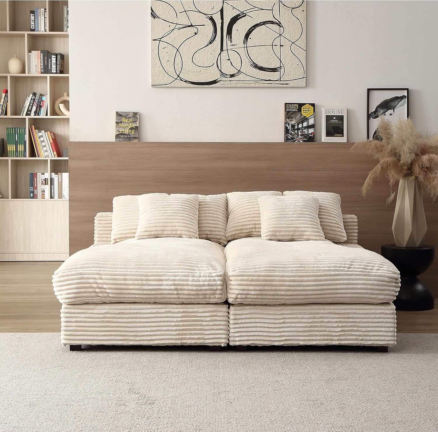 Oversized Luxe Chaise Lounge Loveseat Couch Bed, Comfy Corduroy Upholstered Indoor Leisure Sofa Recliner Daybed, Sleeper Chair with Solid Wood Legs & Throw Pillow for Living Room,Apartment