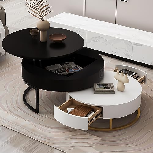 Modern Round Lift-top Nesting Coffee Tables with 2 Drawers for Living Room White & Natural