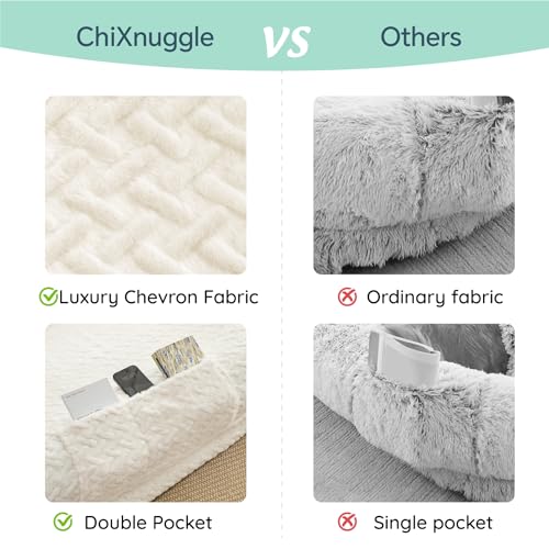Human Dog Bed for Adult - Luxury Faux Fur Giant Human Size Dog Bed with Portable Handle, Egg Orthopedic Foam Dog Human Bed with Blanket, 72"x40"x10", Ivory White