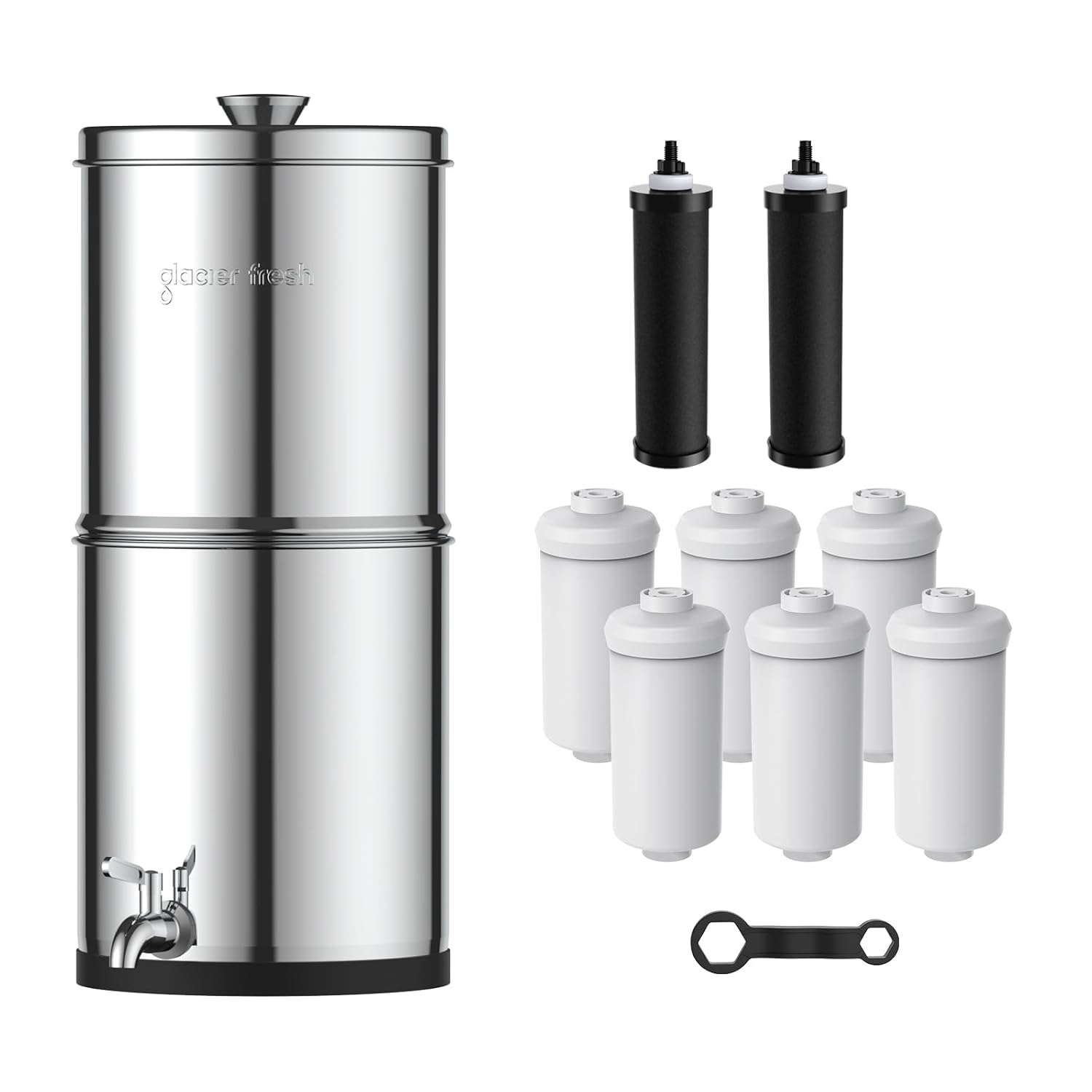 GLACIER FRESH Gravity-fed Water Filter System, 2.25G Stainless-Steel System with 8 Filters, Stand to Reduce up to 99% Chlorine
