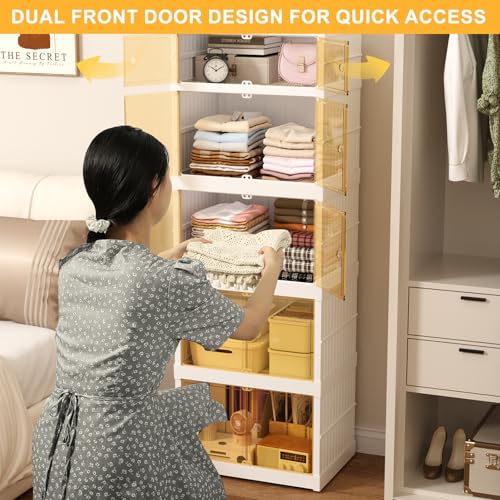 Collapsible Storage Bins with Wheels, 108 Gal Foldable Closet Organizers and Storage, Plastic Storage Cabinet with Door, 5 Tier Storage Containers for Kitchen Office Bedroom, White
