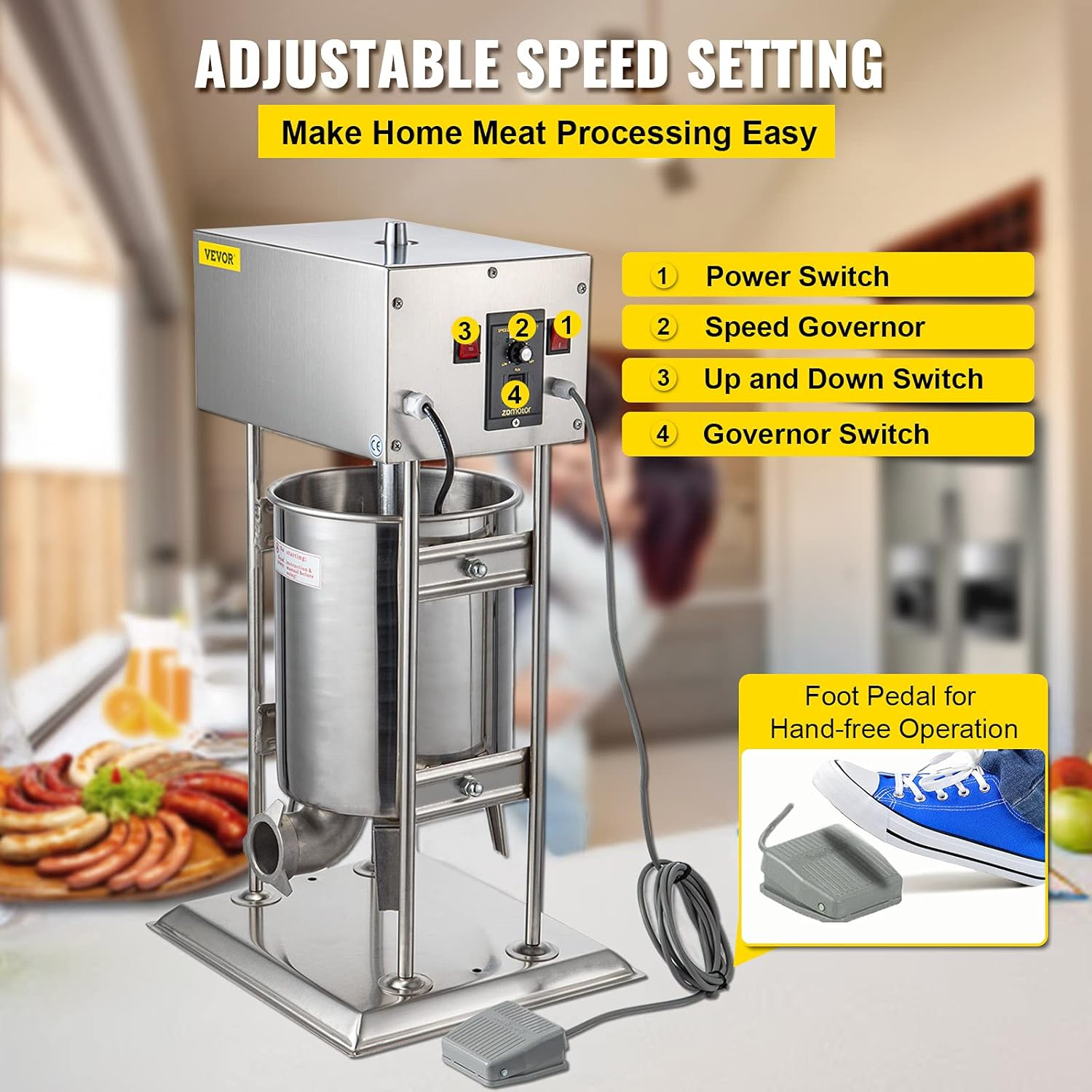 Happybuy Electric Sausage Stuffer 10L/22LB Capacity, Vertical Meat Stuffer Variable Speed, Stainless Steel Sausage Filler with 4 Sausage Tubes for Commercial and Home Use