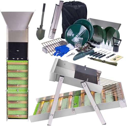 3 in 1 Highbanker Gold Panning Kit, Deformable 50" Folding Gold Sluice Box, Portable Mining Equipment for Adults, 34pcs Includes Gold Pan, Classifier Screen, Magnet, Backpack & Accessories