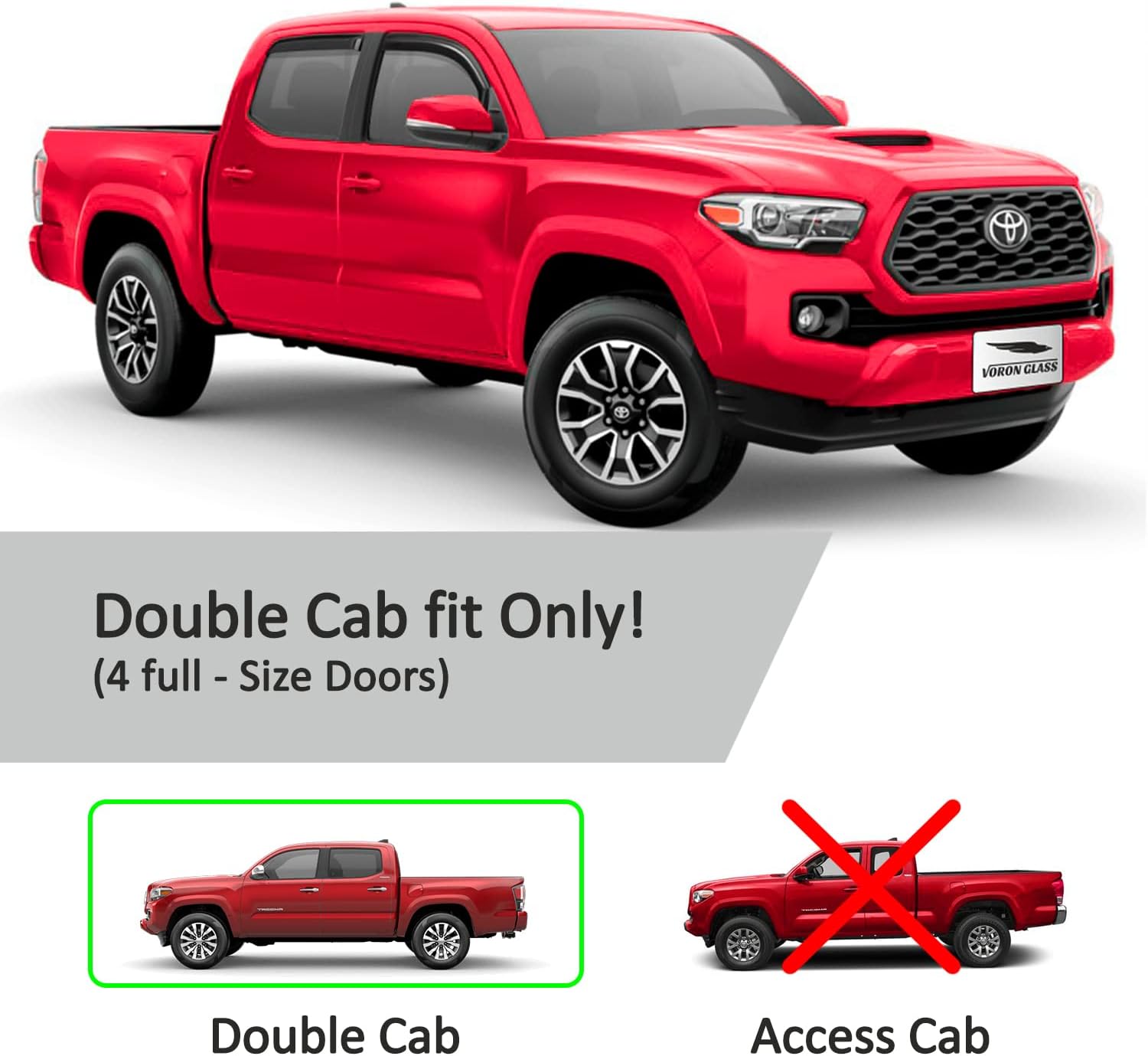 Voron Glass in-Channel Extra Durable Rain Guards for Trucks Toyota Tacoma 2016-2022 Double Cab, Window Deflectors, Vent Window Visors, 4 Pieces - 220056
