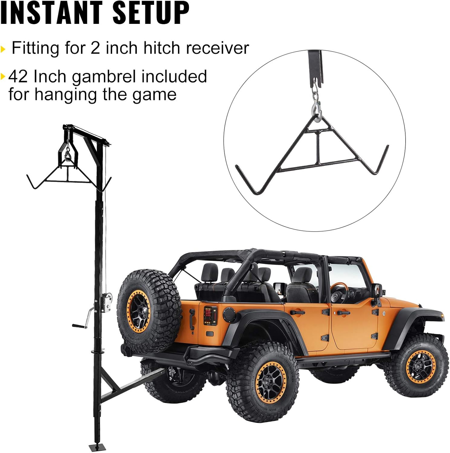 VEVOR Hitch Mounted Deer Hoist, 500lbs Capacity Hitch Game Hoist, 2'' Truck Hitch Deer Hoist with Winch Lift Gambrel Set, Foot Base, Adjustable Height and 360 Degrees Swivel for Hunting, Hanging