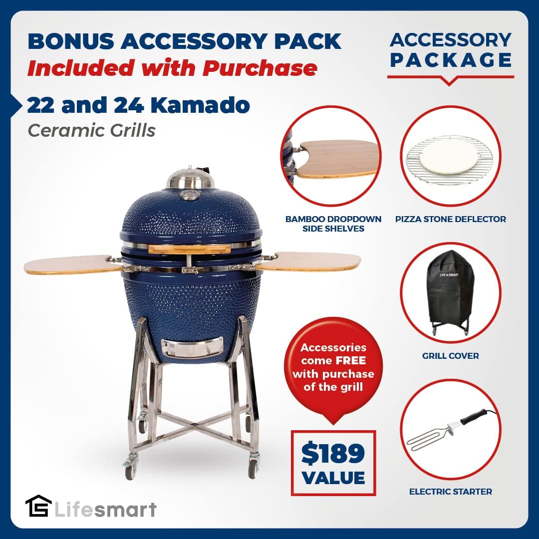 Lifesmart 15 Kamado, 6-In-1 Kamado Grill with Stainless Steel Cart, Includes Free Electric Starter, Grill Cover, Pizza Stone, Built-in Thermometer